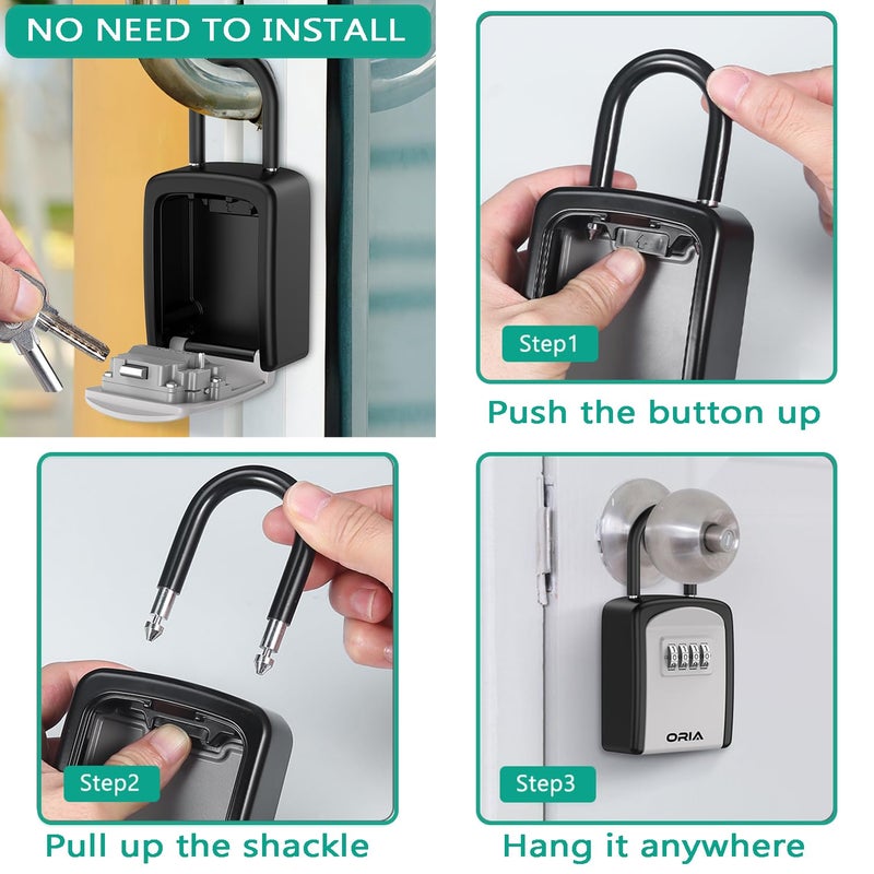 ORIA صندوق قفل المفاتيح ORIA، صندوق أمان المفاتيح، صندوق تخزين المفاتيح بتركيبة 4 أرقام مقاوم للماء، سعة 5 مفاتيح مع حلقة قابلة للإزالة للاستخدام الداخلي والخارجي، فضي، 3.66 بوصة - Image 3